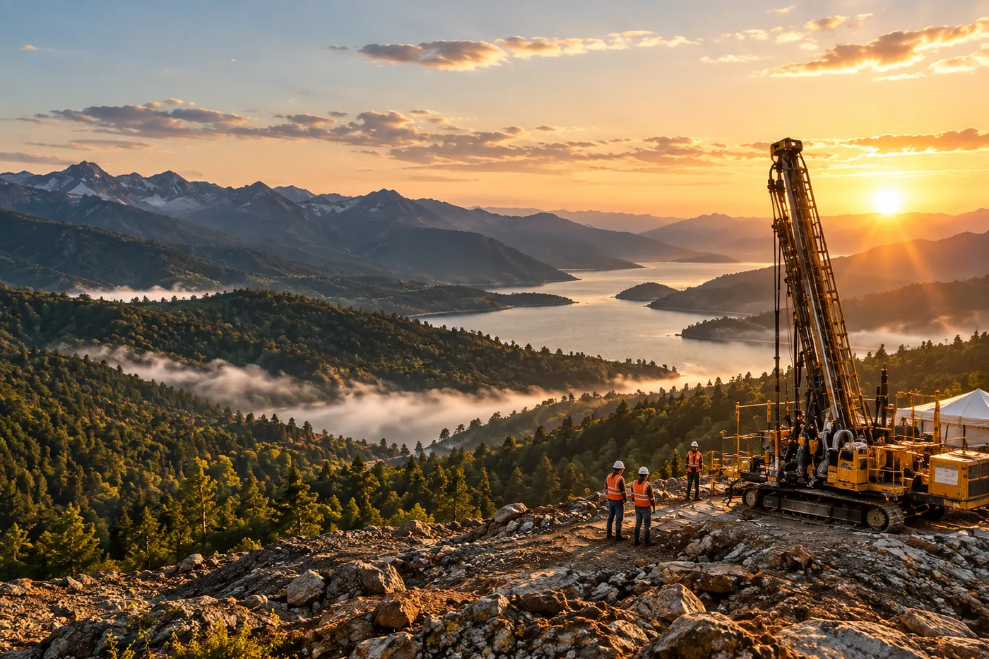 Mining operation and drill site overlooking a valley